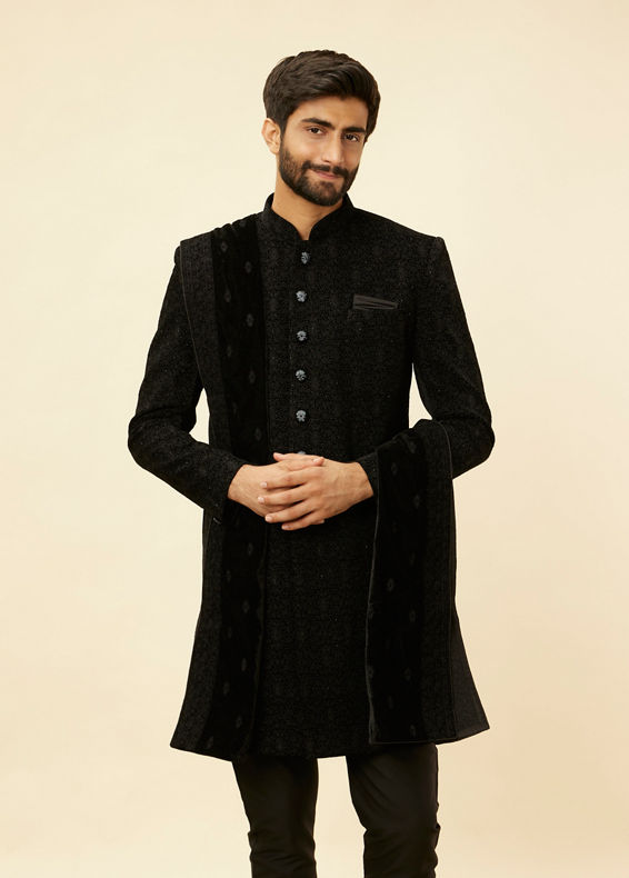 Manyavar Men Kohl Black Embroidered Indo Western Set