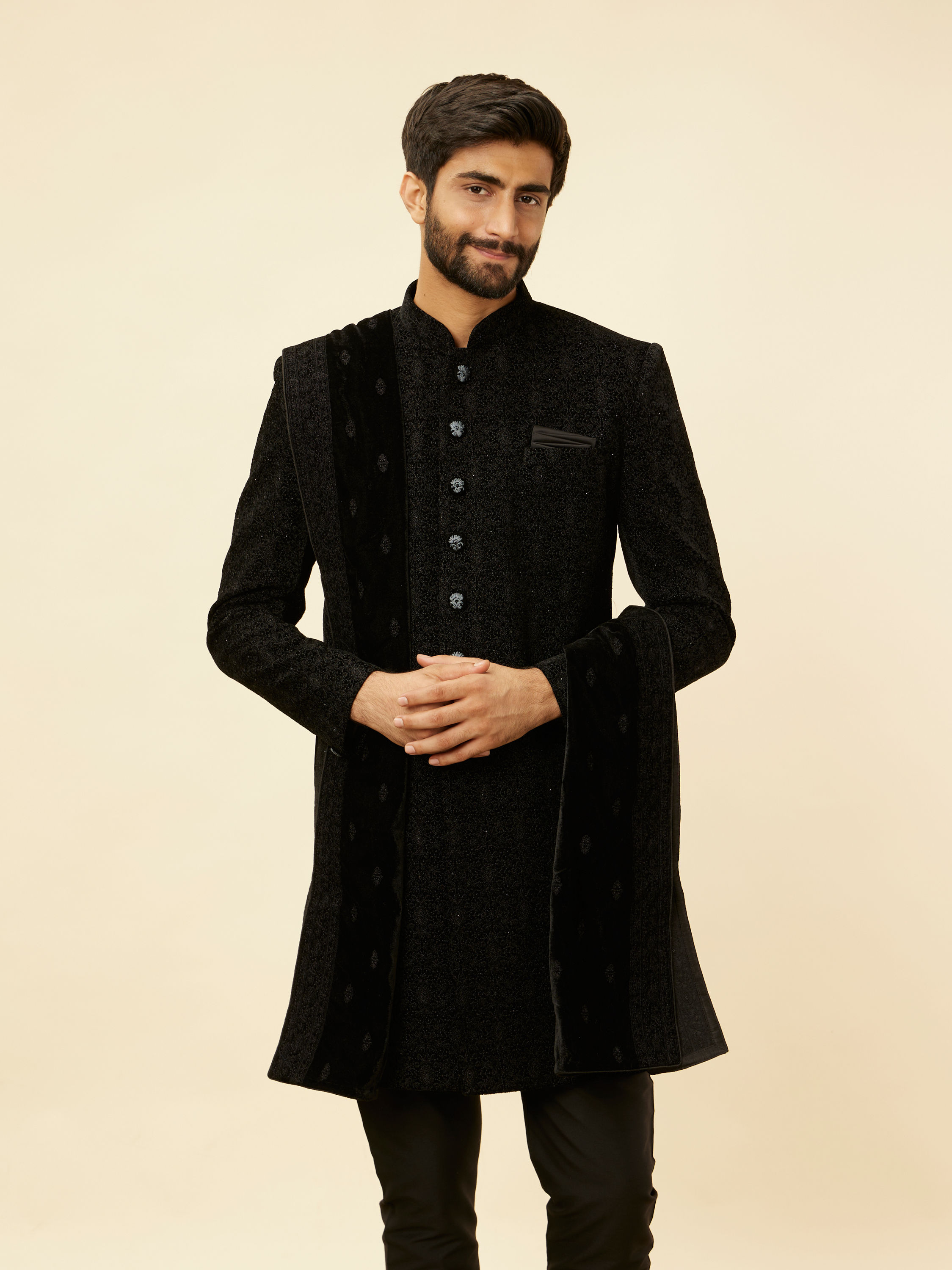 Manyavar Men Kohl Black Embroidered Indo Western Set