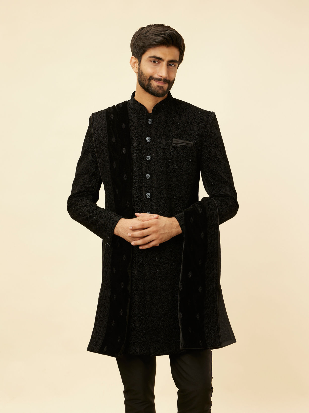 alt message - Manyavar Men Kohl Black Embroidered Indo Western Set image number 0