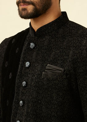 alt message - Manyavar Men Kohl Black Embroidered Indo Western Set image number 1