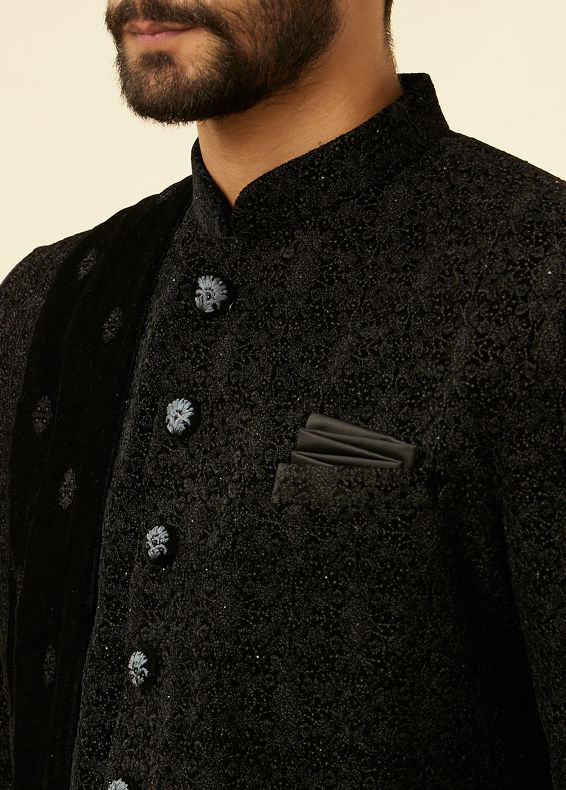 Manyavar Men Kohl Black Embroidered Indo Western Set