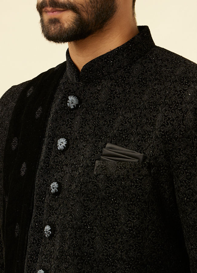 alt message - Manyavar Men Kohl Black Embroidered Indo Western Set image number 1