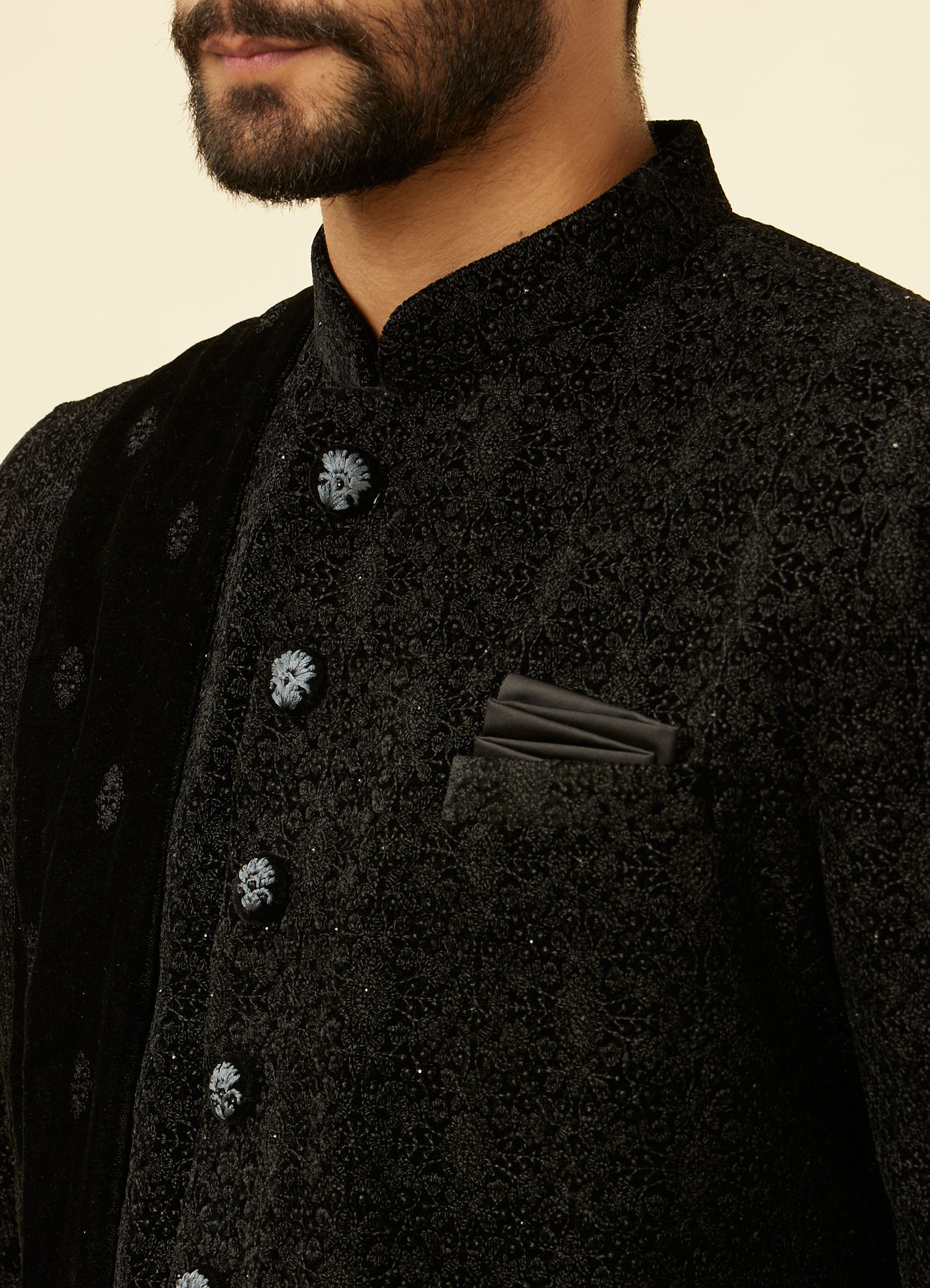 Manyavar Men Kohl Black Embroidered Indo Western Set