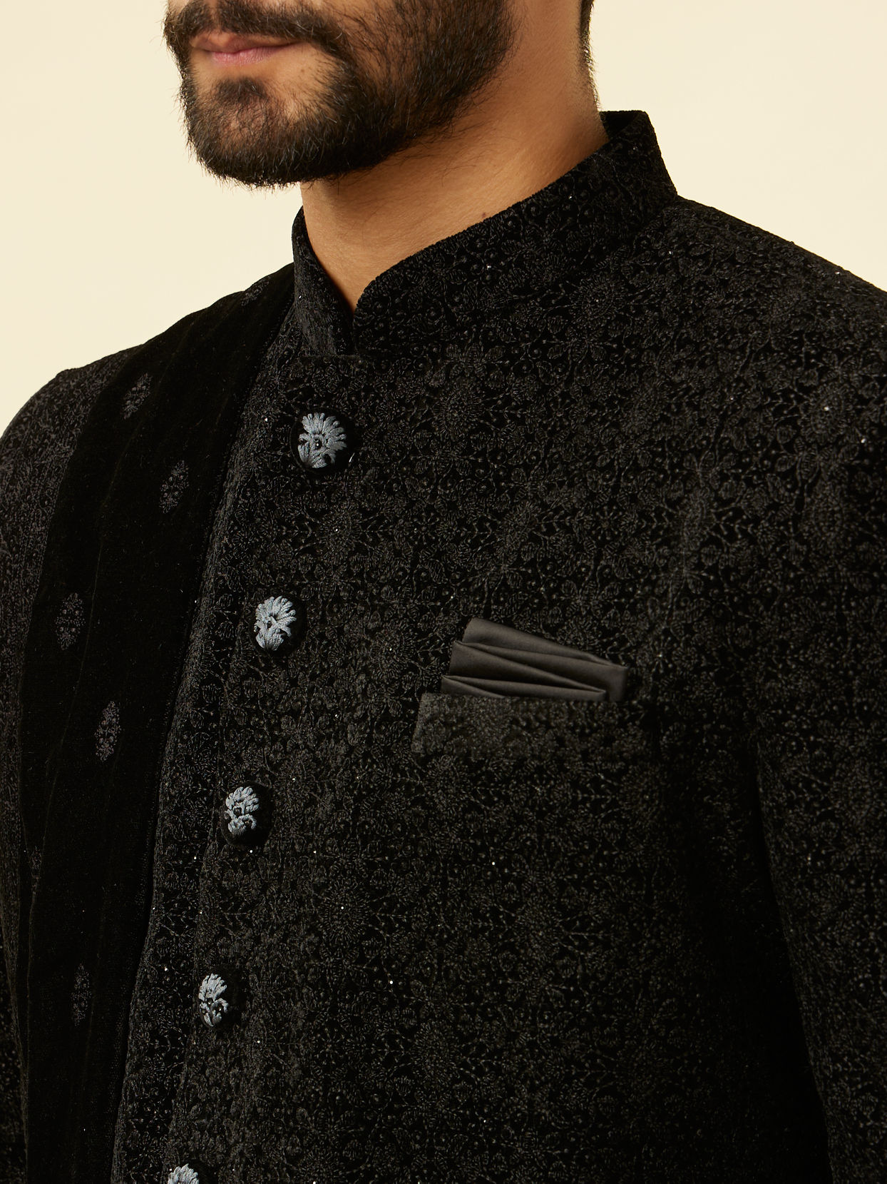 alt message - Manyavar Men Kohl Black Embroidered Indo Western Set image number 1