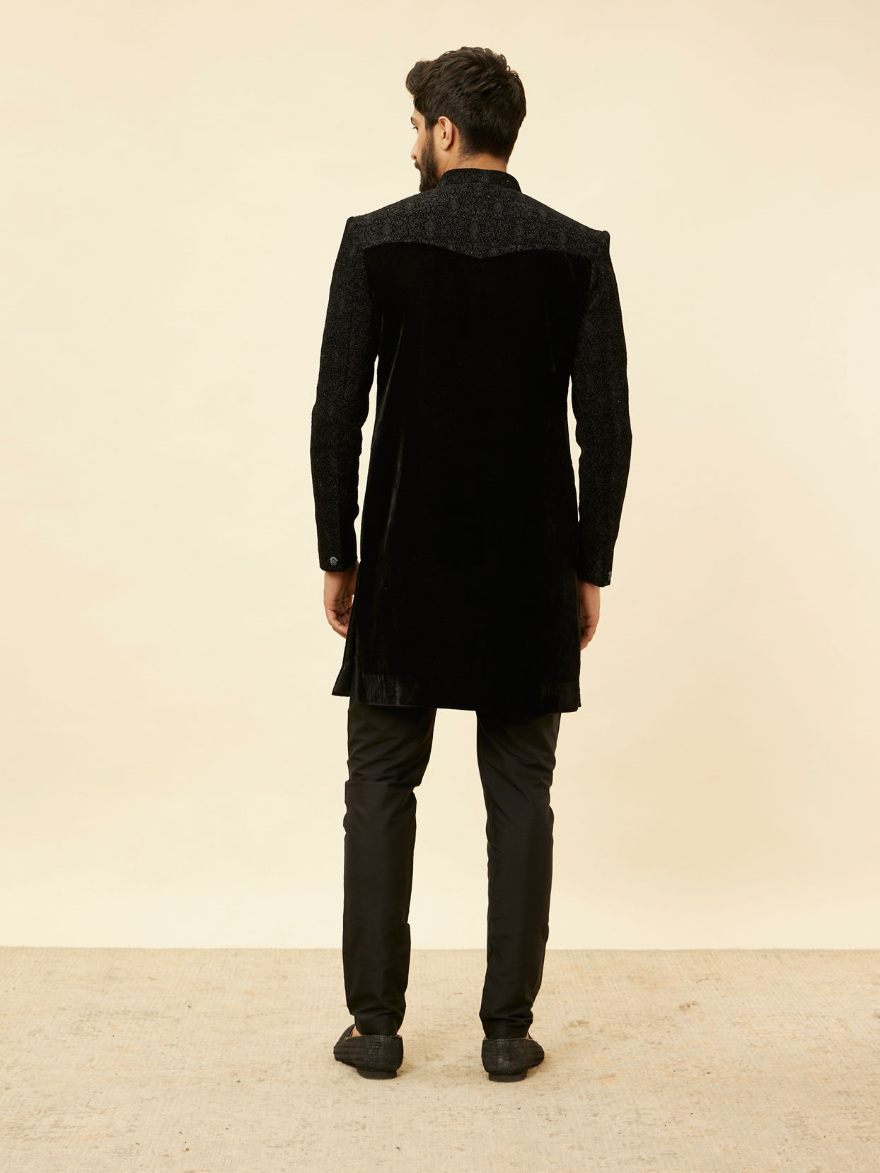 Manyavar Men Kohl Black Embroidered Indo Western Set