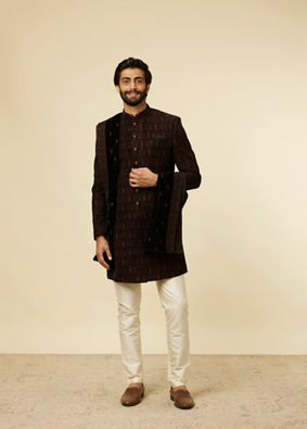 alt message - Manyavar Men Enchanting Black Embroidered Self Texture Indo Western Set image number 2