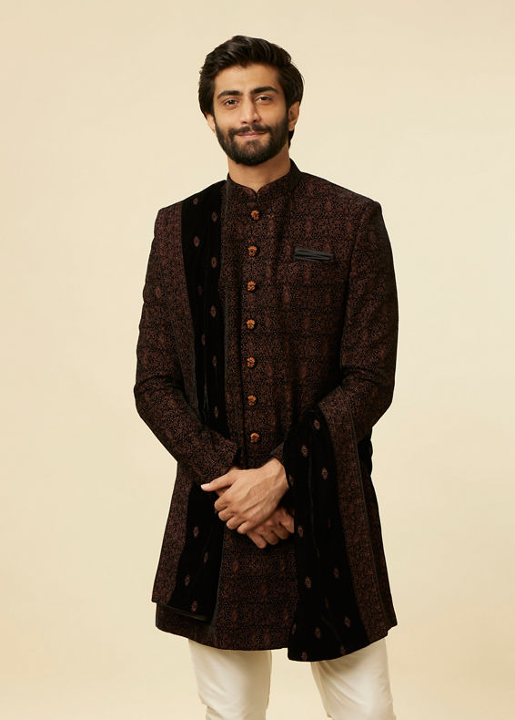 Manyavar Men Enchanting Black Embroidered Self Texture Indo Western Set