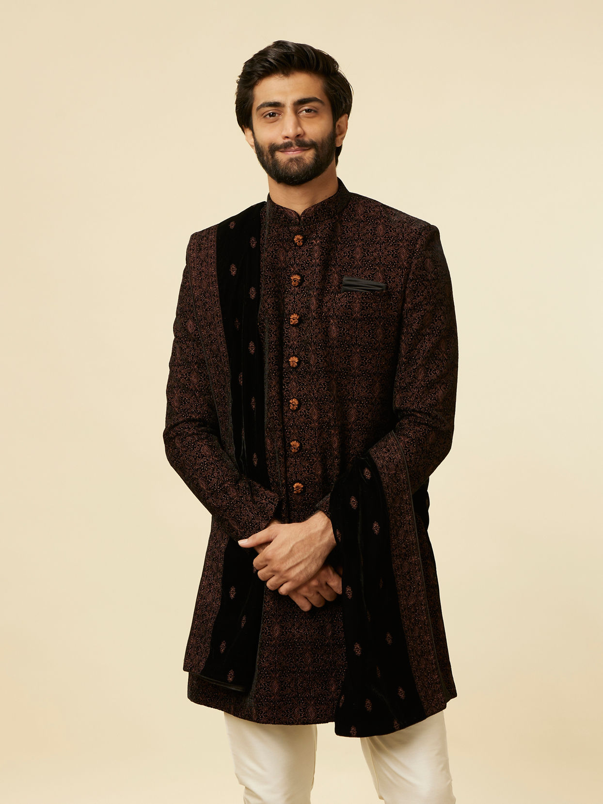 alt message - Manyavar Men Enchanting Black Embroidered Self Texture Indo Western Set image number 0