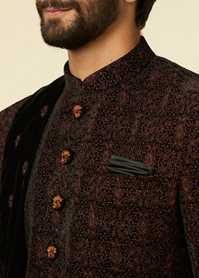 alt message - Manyavar Men Enchanting Black Embroidered Self Texture Indo Western Set image number 1