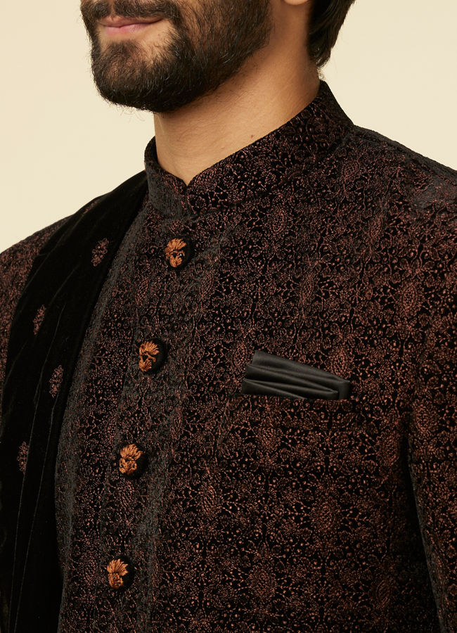 alt message - Manyavar Men Enchanting Black Embroidered Self Texture Indo Western Set image number 1