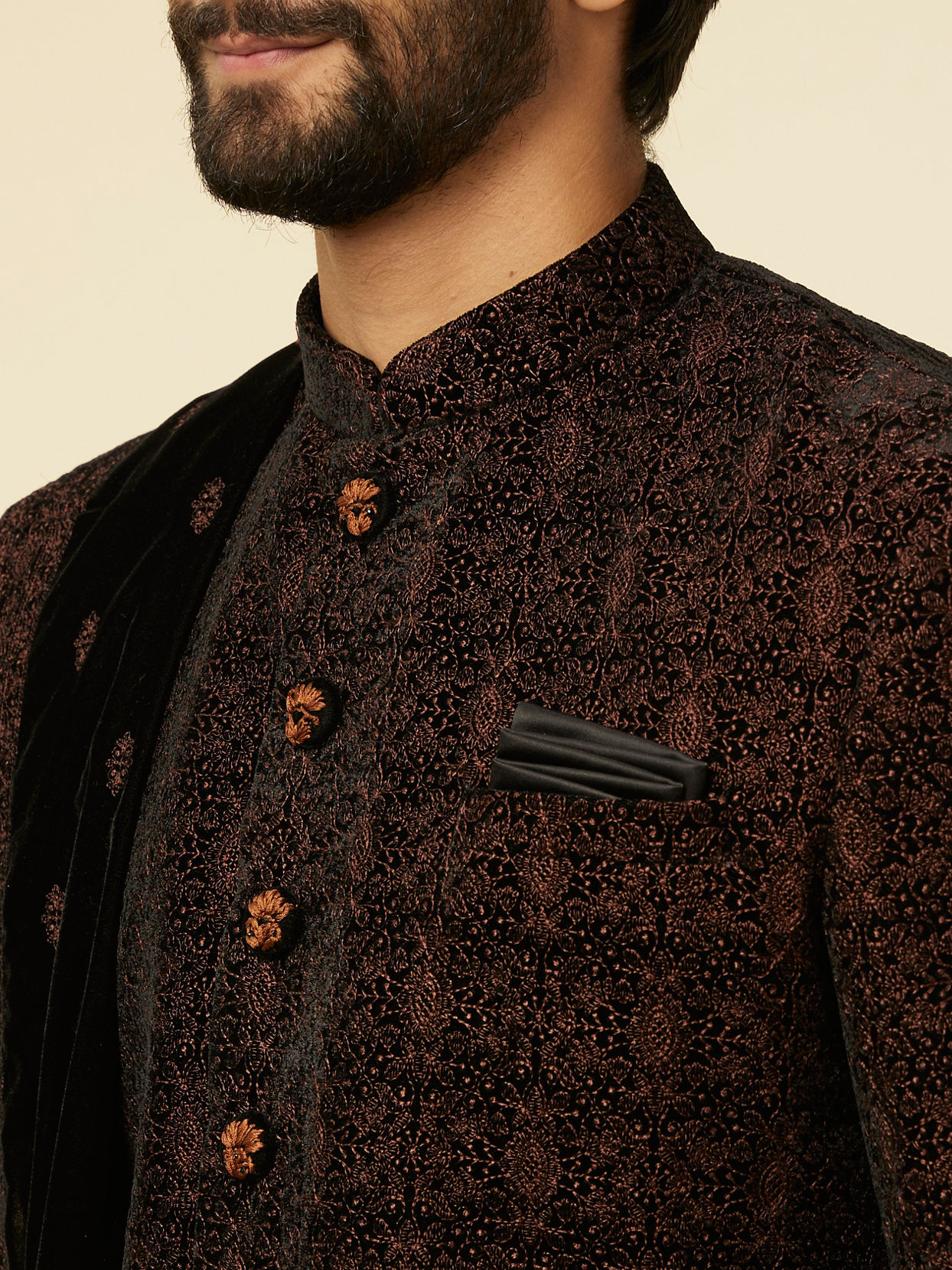 Manyavar Men Enchanting Black Embroidered Self Texture Indo Western Set