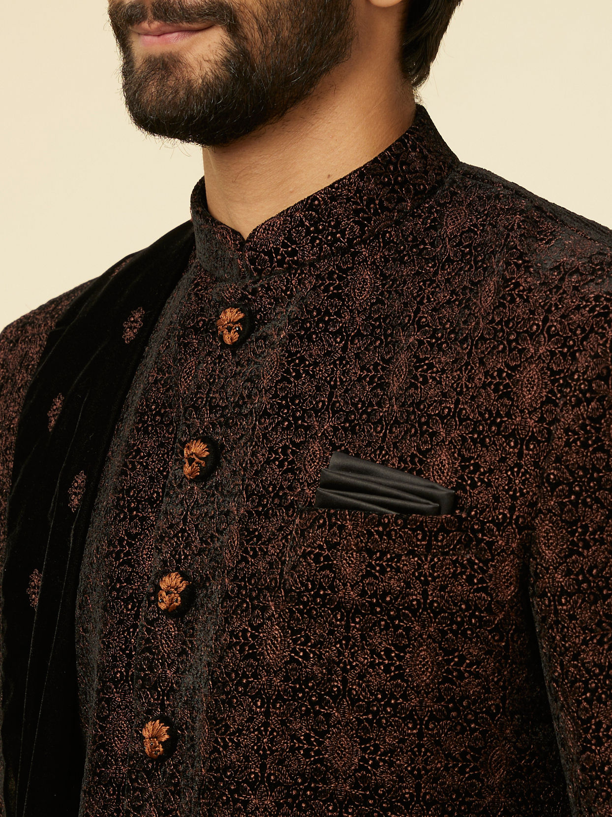 alt message - Manyavar Men Enchanting Black Embroidered Self Texture Indo Western Set image number 1