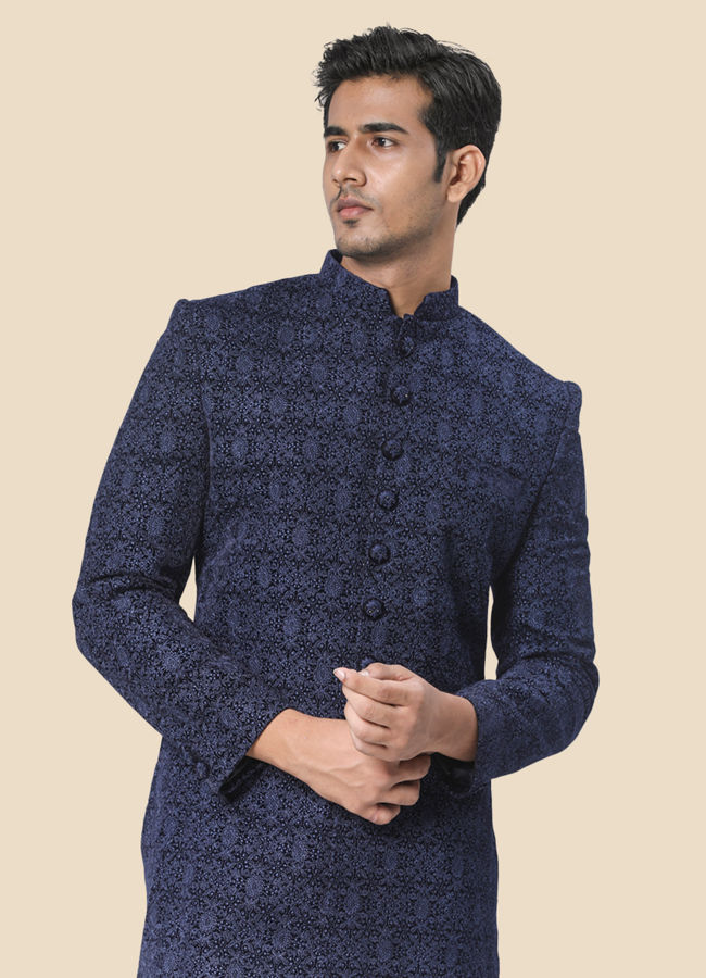 alt message - Manyavar Men Appealing Dark Blue Indo Western Set image number 0