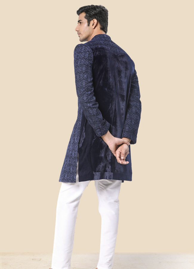 alt message - Manyavar Men Appealing Dark Blue Indo Western Set image number 3