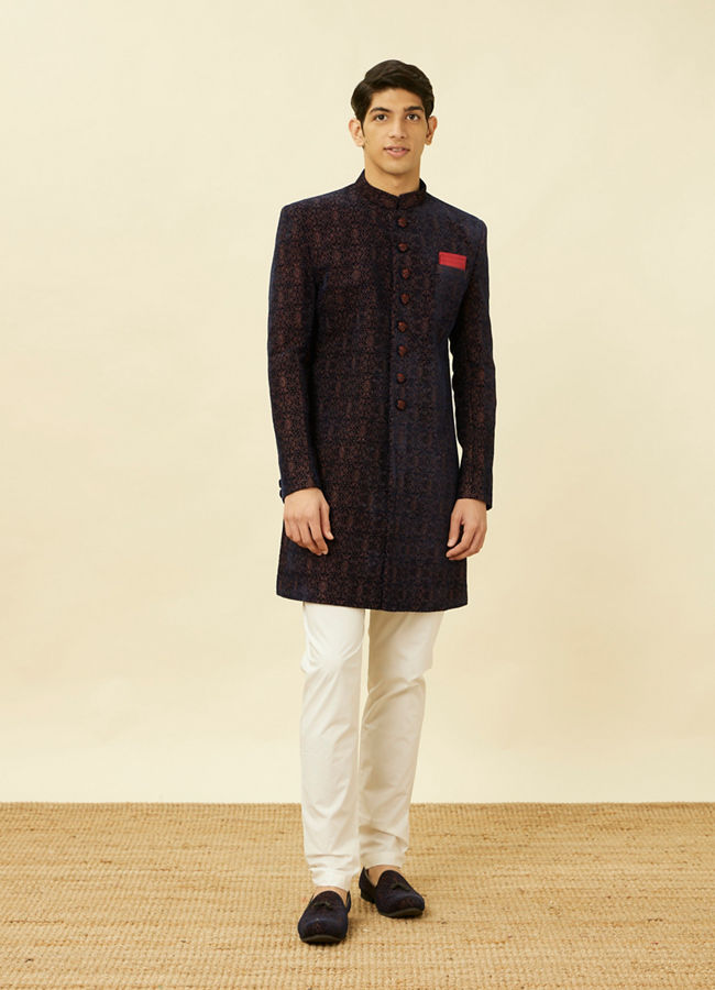Manyavar Men Dark Navy Blue Floral Medallion Patterned Indo Western Set