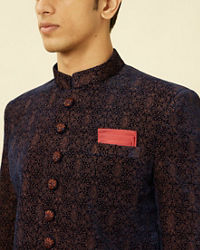 Manyavar Men Dark Navy Blue Floral Medallion Patterned Indo Western Set