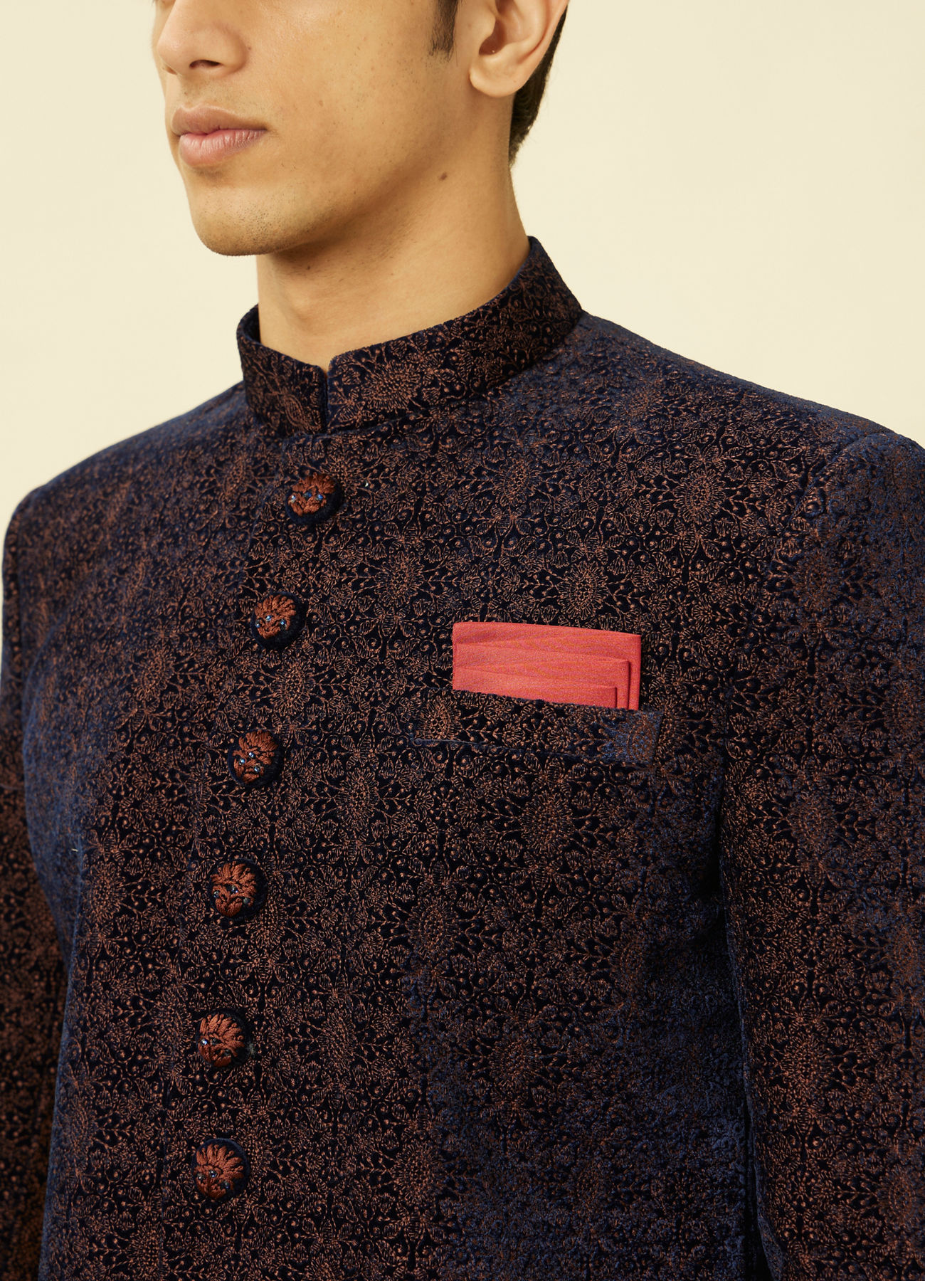 Manyavar Men Dark Navy Blue Floral Medallion Patterned Indo Western Set