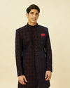 Manyavar Men Dark Navy Blue Floral Medallion Patterned Indo Western Set