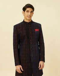 Manyavar Men Dark Navy Blue Floral Medallion Patterned Indo Western Set