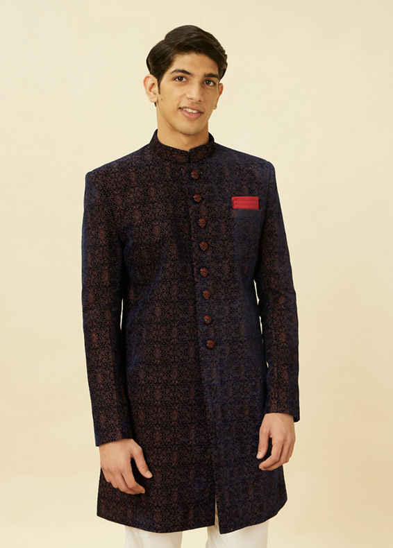 Manyavar Men Dark Navy Blue Floral Medallion Patterned Indo Western Set