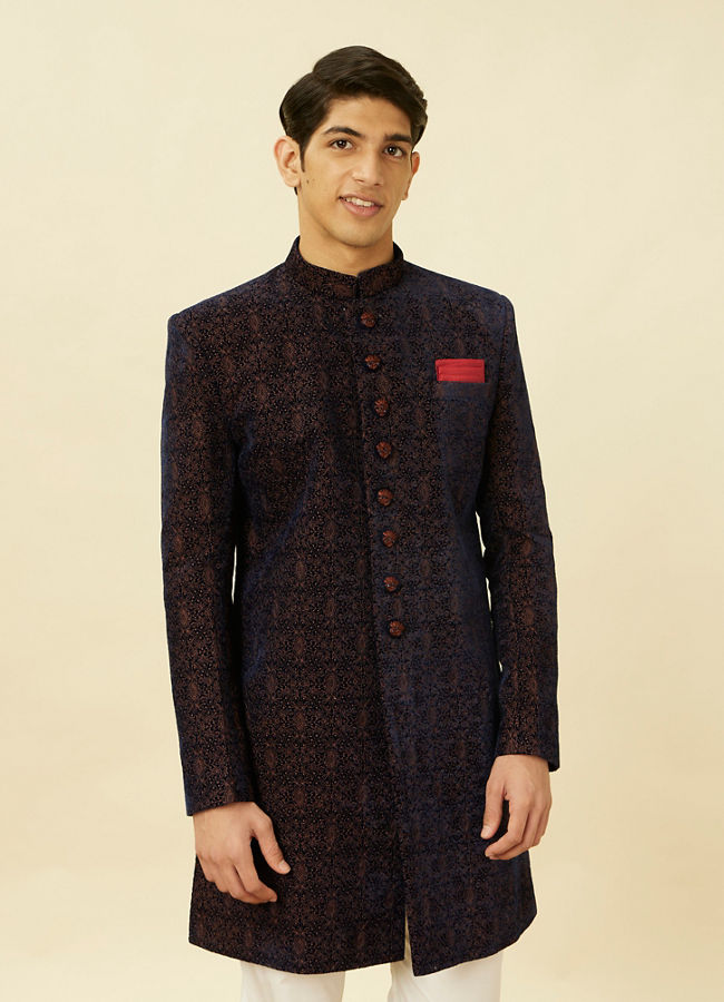 Manyavar Men Dark Navy Blue Floral Medallion Patterned Indo Western Set