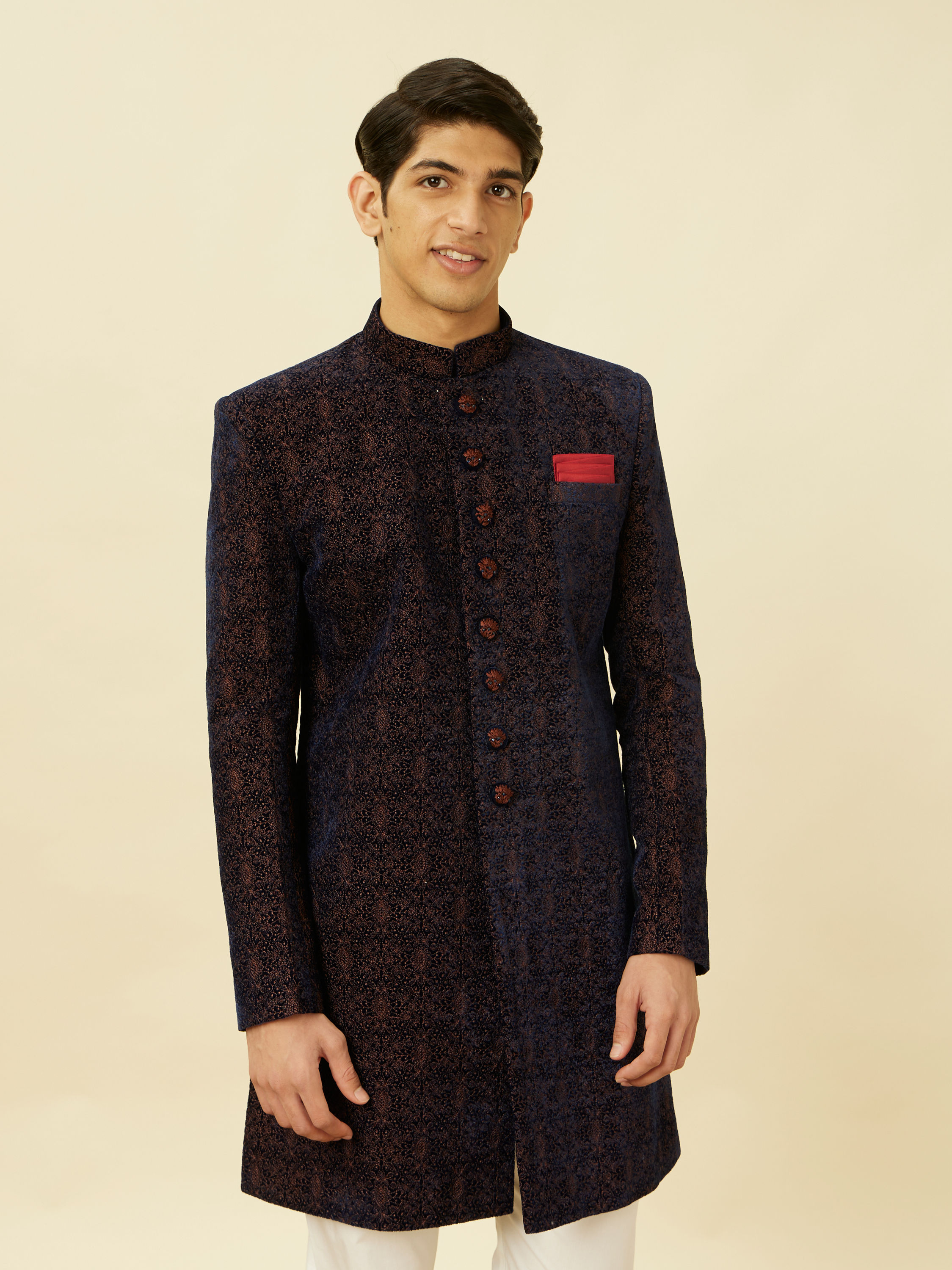 Manyavar Men Dark Navy Blue Floral Medallion Patterned Indo Western Set