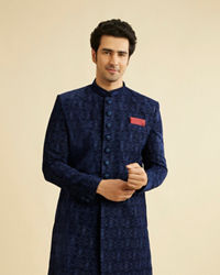 Manyavar Men Appealing Dark Blue Indo Western Set