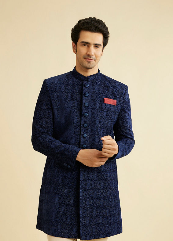 Manyavar Men Appealing Dark Blue Indo Western Set