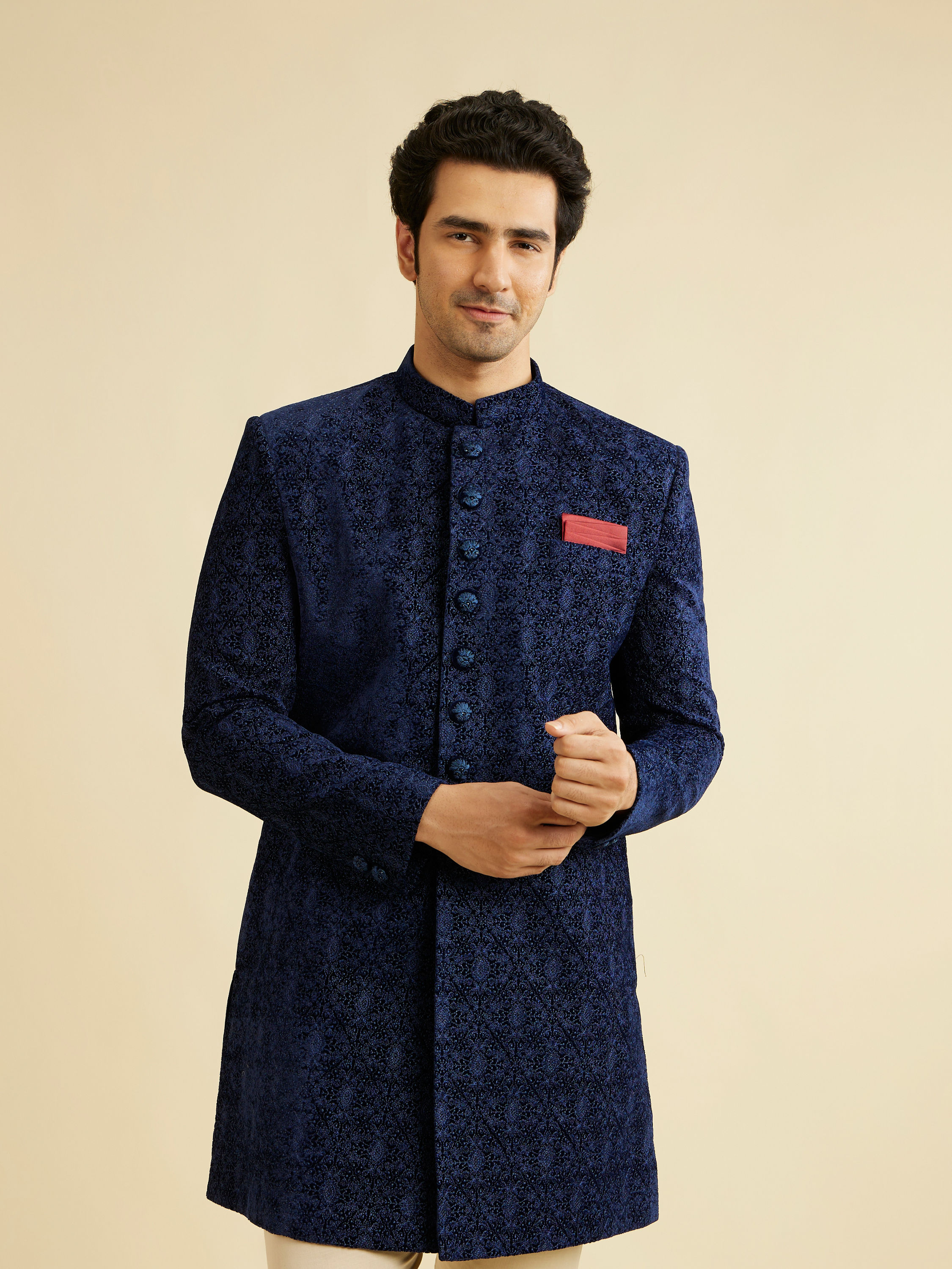 Manyavar Men Appealing Dark Blue Indo Western Set