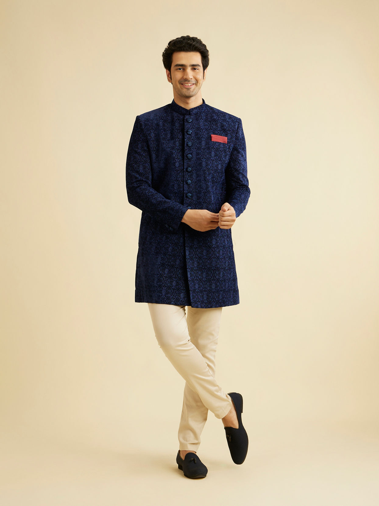 Manyavar Men Appealing Dark Blue Indo Western Set