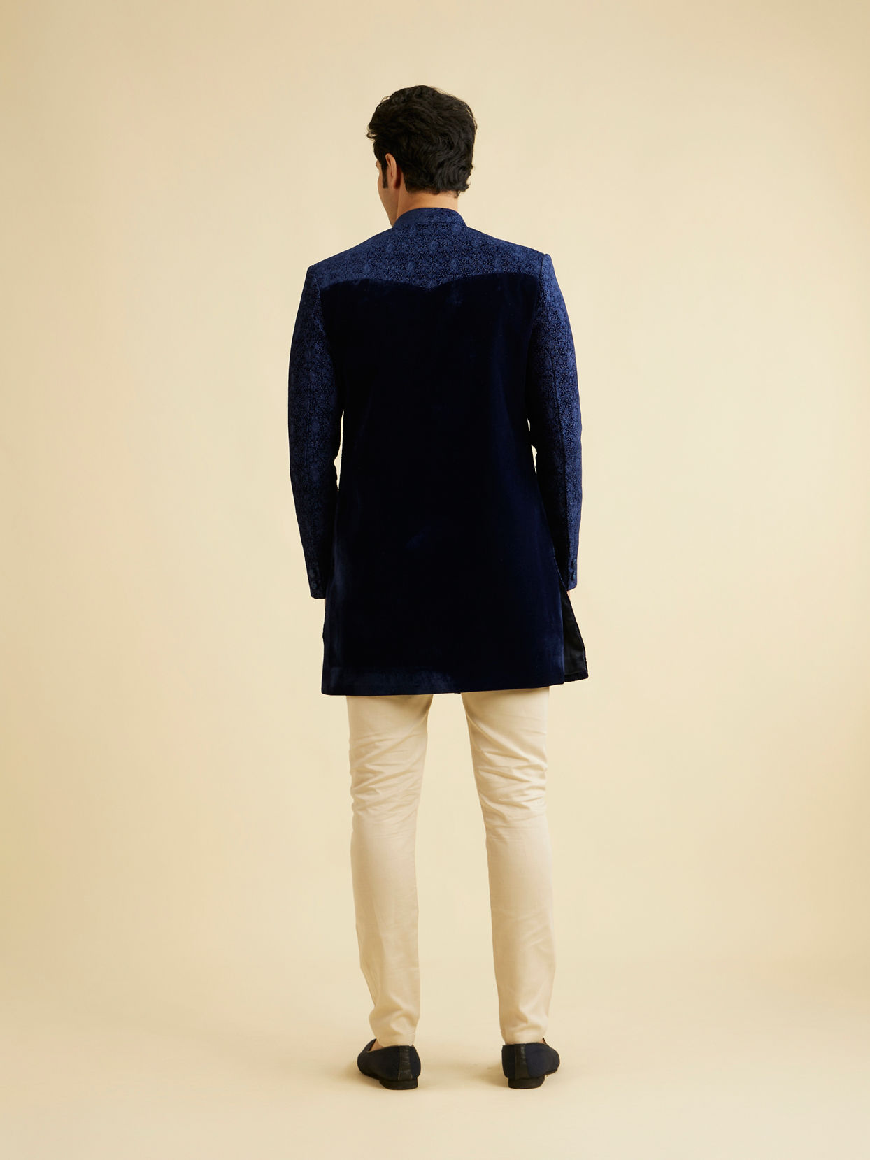 Manyavar Men Appealing Dark Blue Indo Western Set