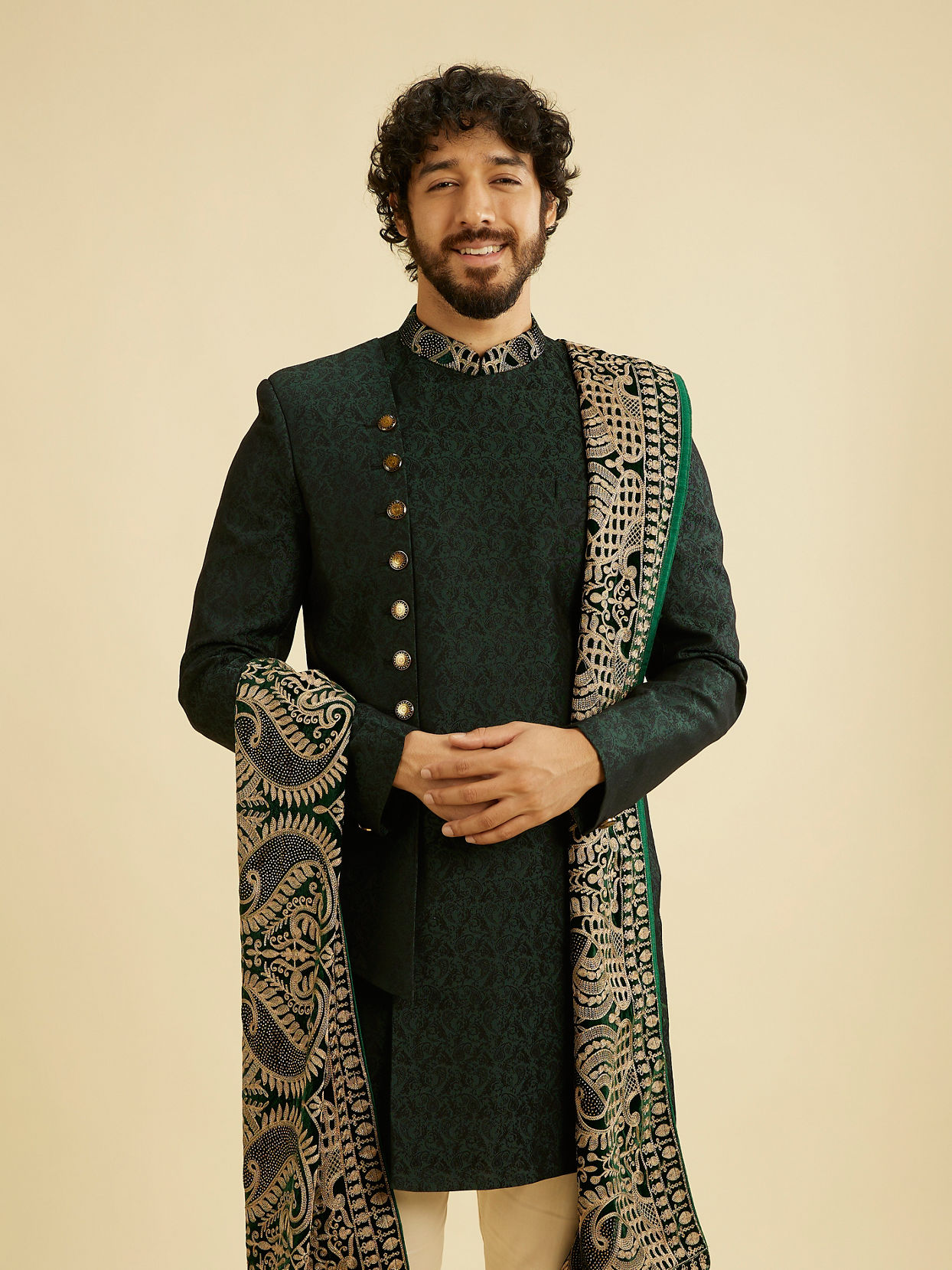 Manyavar Men Suave Green Indo Western With Dupatta