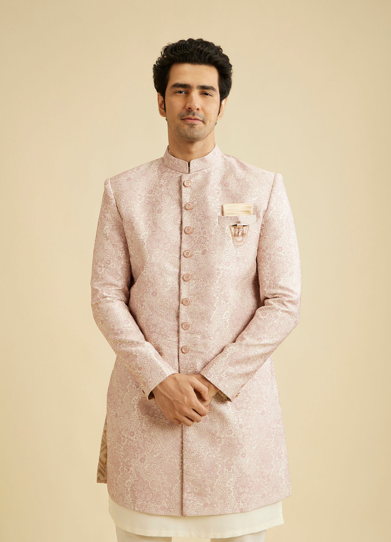 Manyavar Men Faded Pink Floral Indo Western