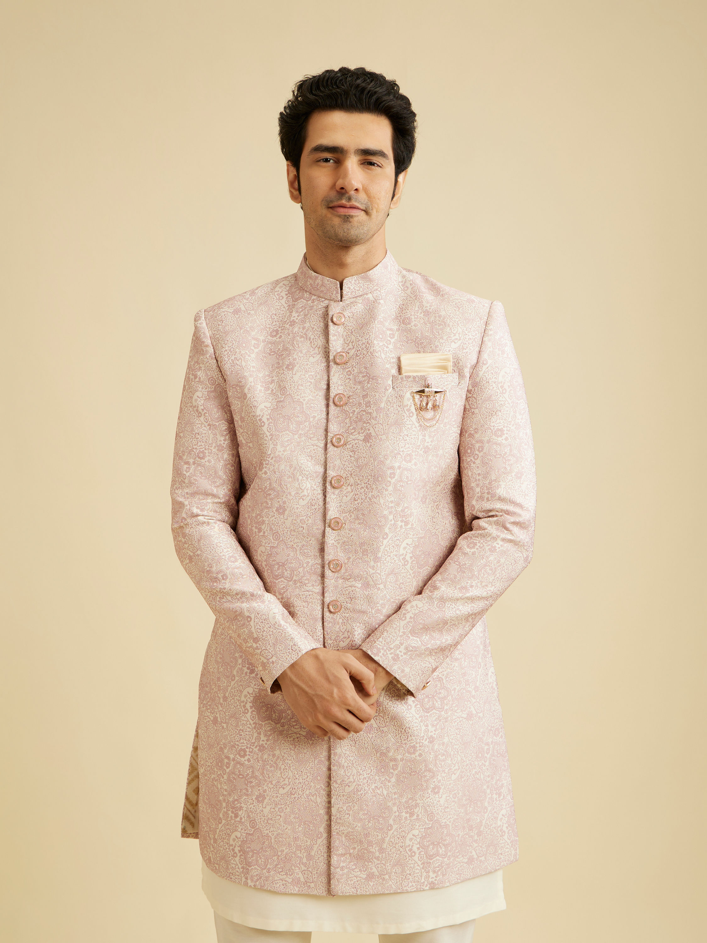 Manyavar Men Faded Pink Floral Indo Western