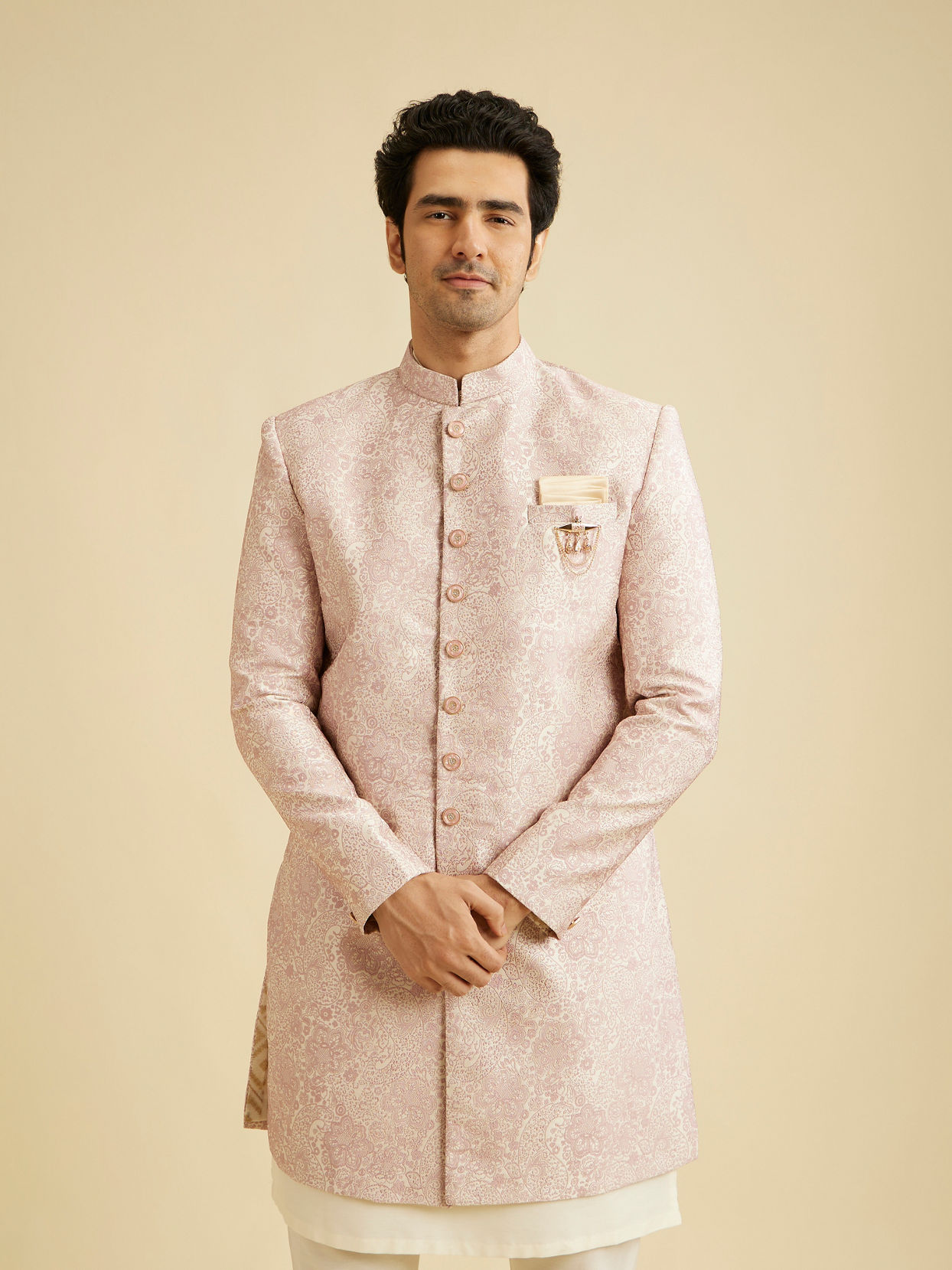 Manyavar Men Faded Pink Floral Indo Western