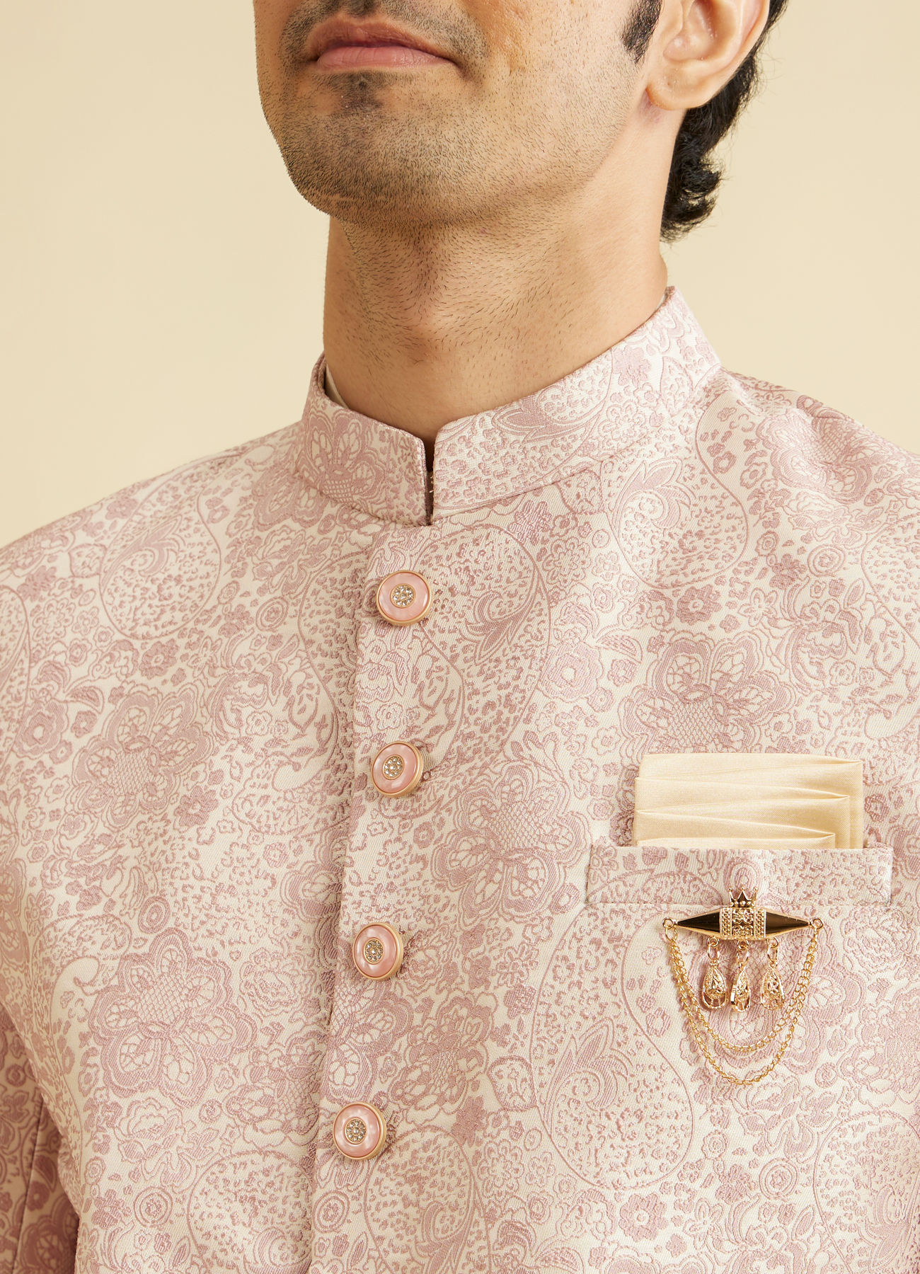 Manyavar Men Faded Pink Floral Indo Western