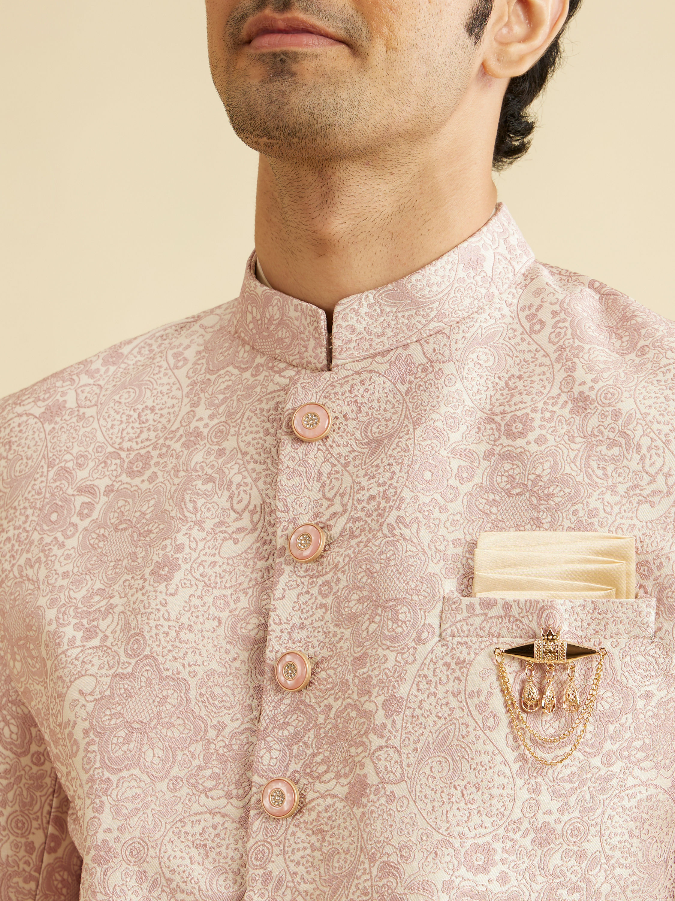 Manyavar Men Faded Pink Floral Indo Western