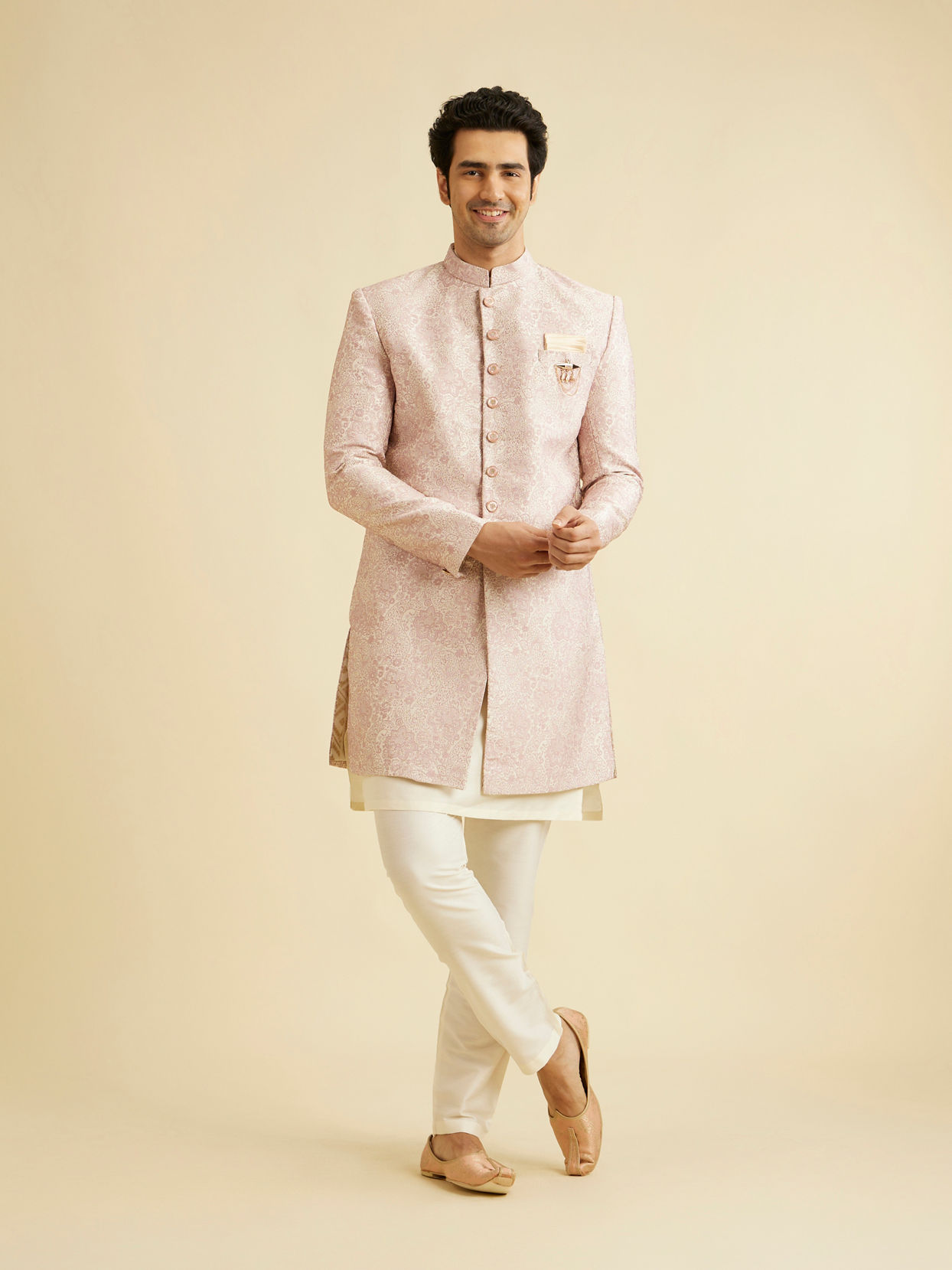 Manyavar Men Faded Pink Floral Indo Western