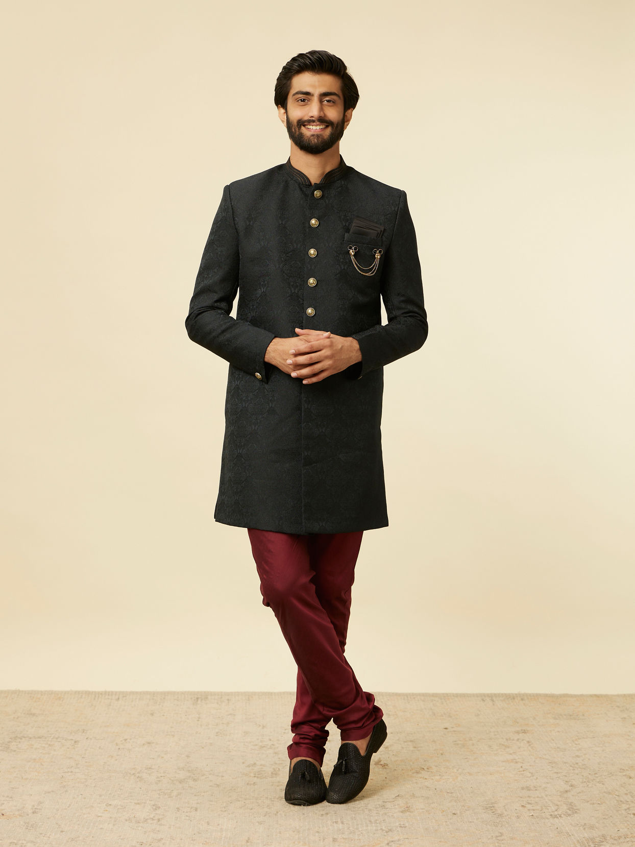 alt message - Manyavar Men Kohl Black Achkan Indo Western Set image number 2