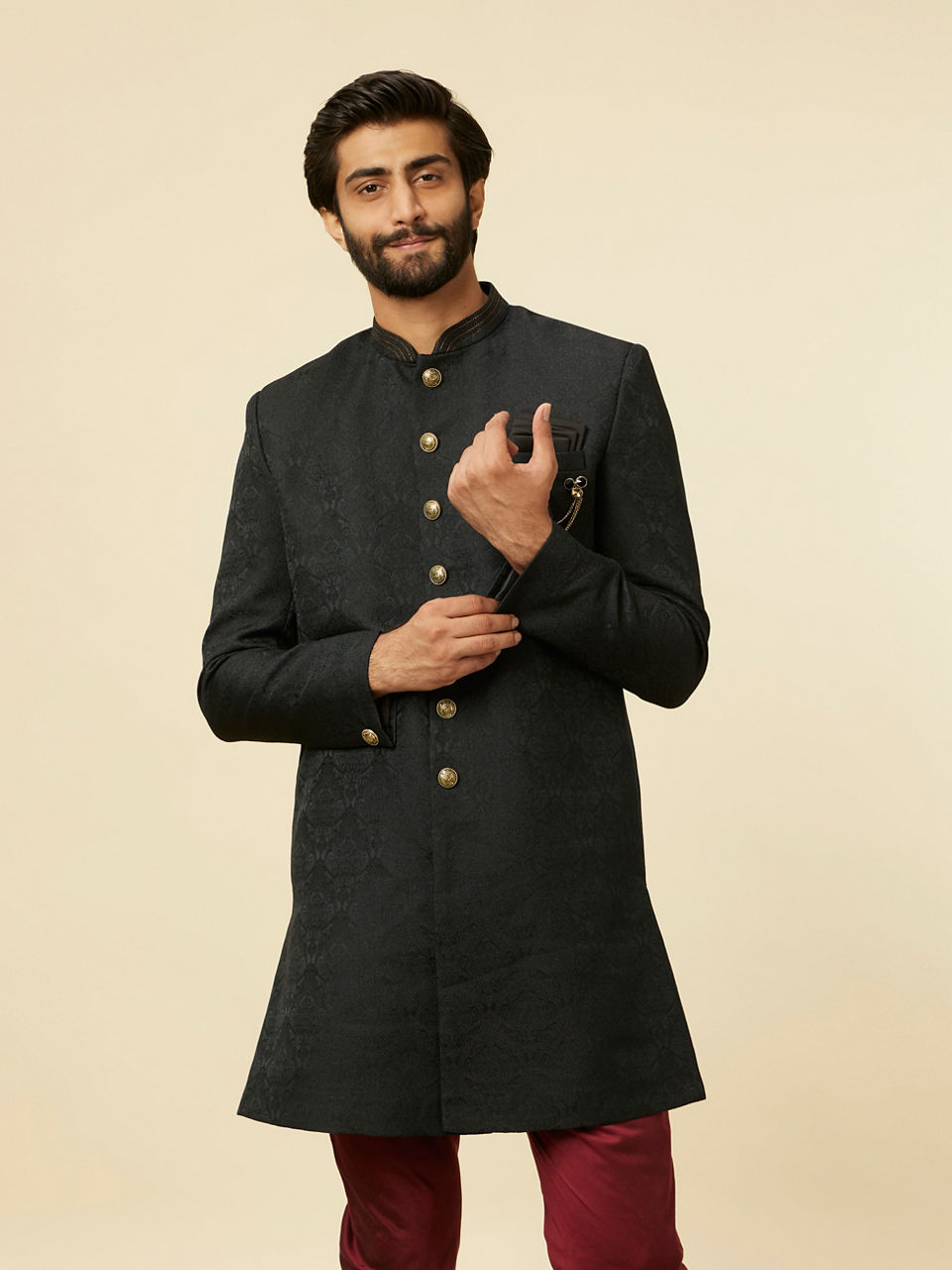 Manyavar Men Kohl Black Achkan Indo Western Set
