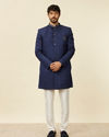 alt message - Manyavar Men Dark Blue Achkan Style Scallop Patterned Indo Western Set image number 2