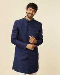 Manyavar Men Dark Blue Achkan Style Scallop Patterned Indo Western Set