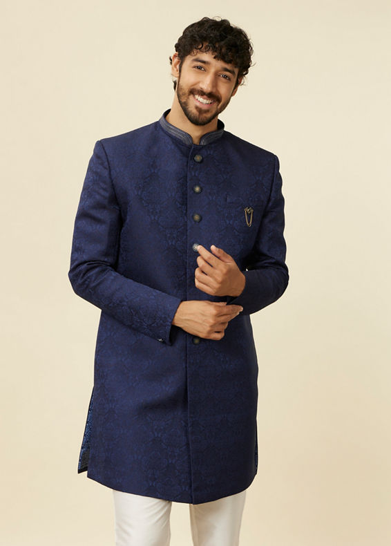 Manyavar Men Dark Blue Achkan Style Scallop Patterned Indo Western Set