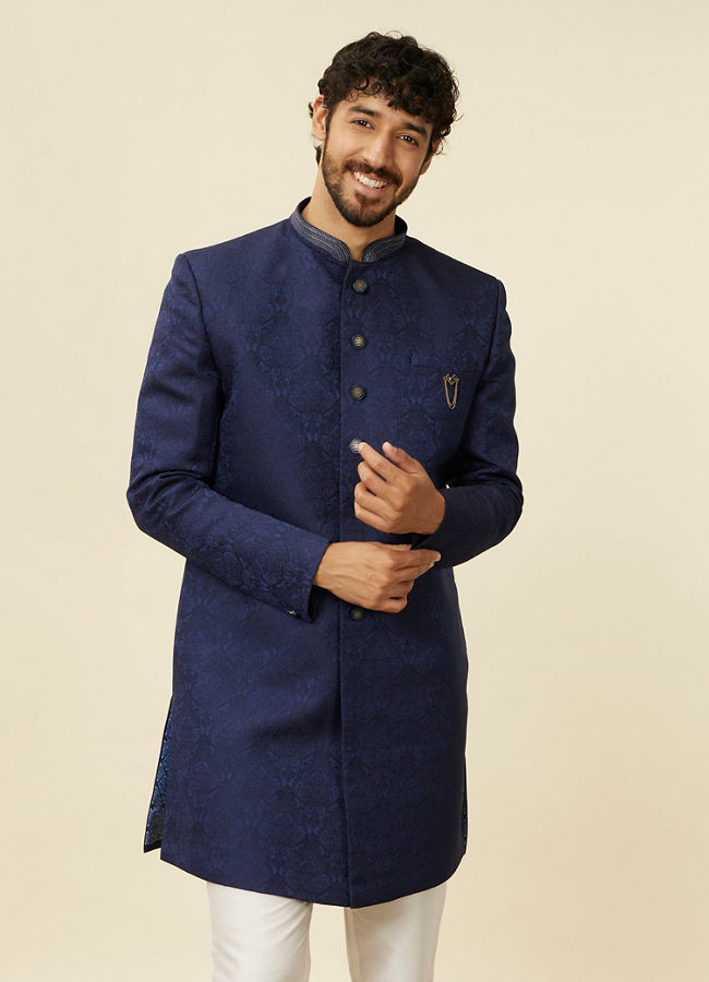 alt message - Manyavar Men Dark Blue Achkan Style Scallop Patterned Indo Western Set image number 0