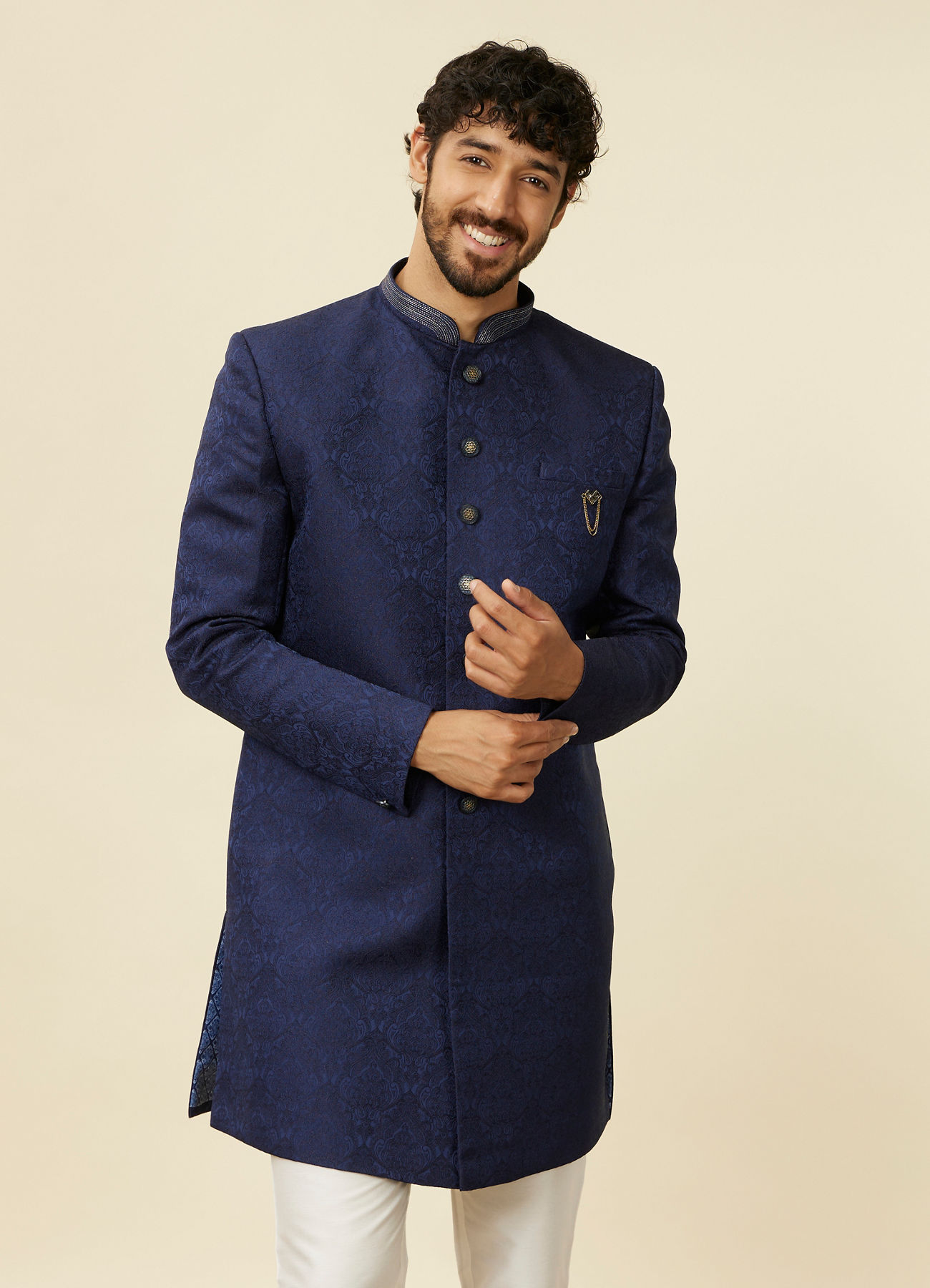 Manyavar Men Dark Blue Achkan Style Scallop Patterned Indo Western Set