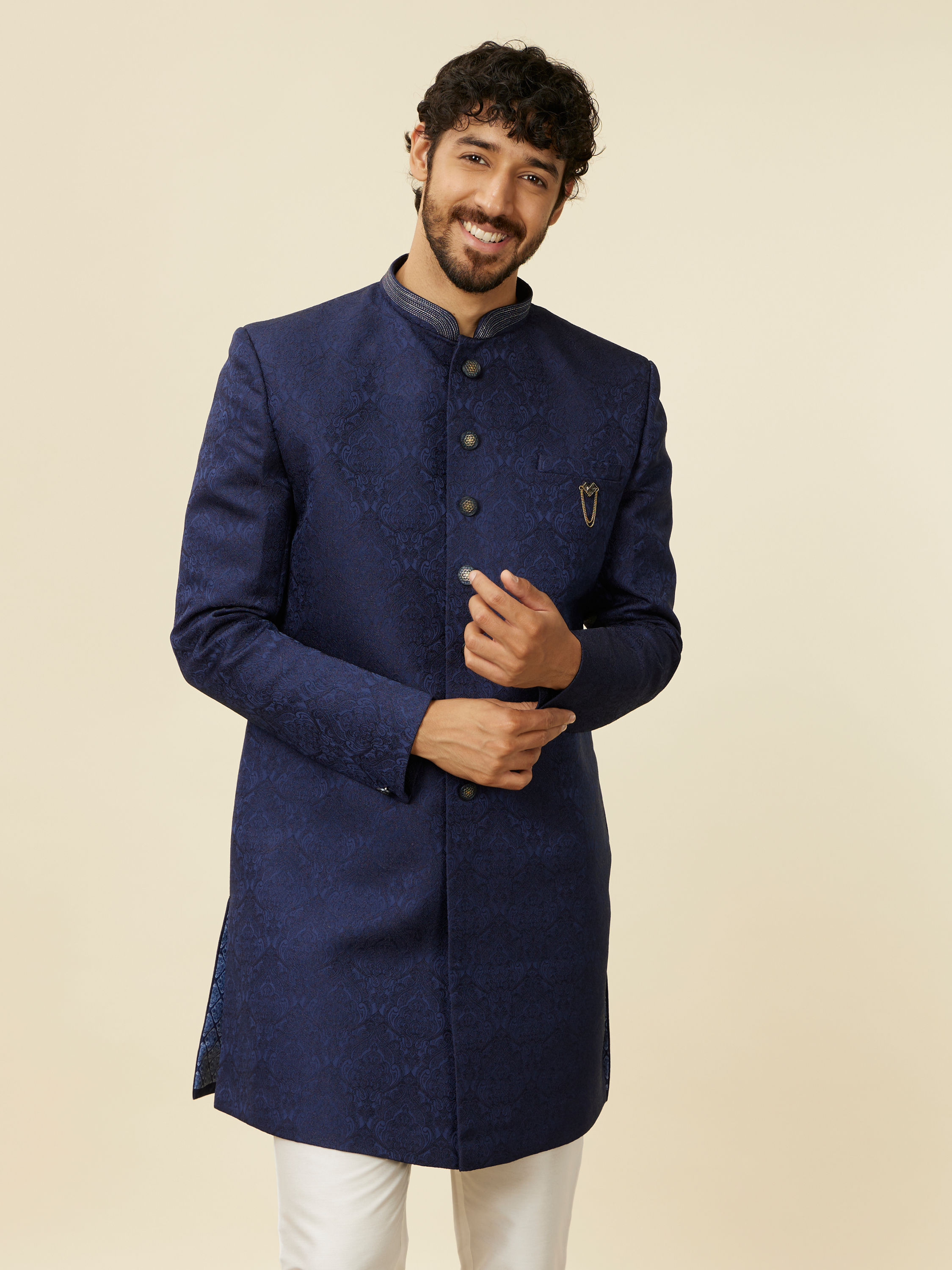 Manyavar Men Dark Blue Achkan Style Scallop Patterned Indo Western Set