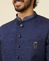 Manyavar Men Dark Blue Achkan Style Scallop Patterned Indo Western Set