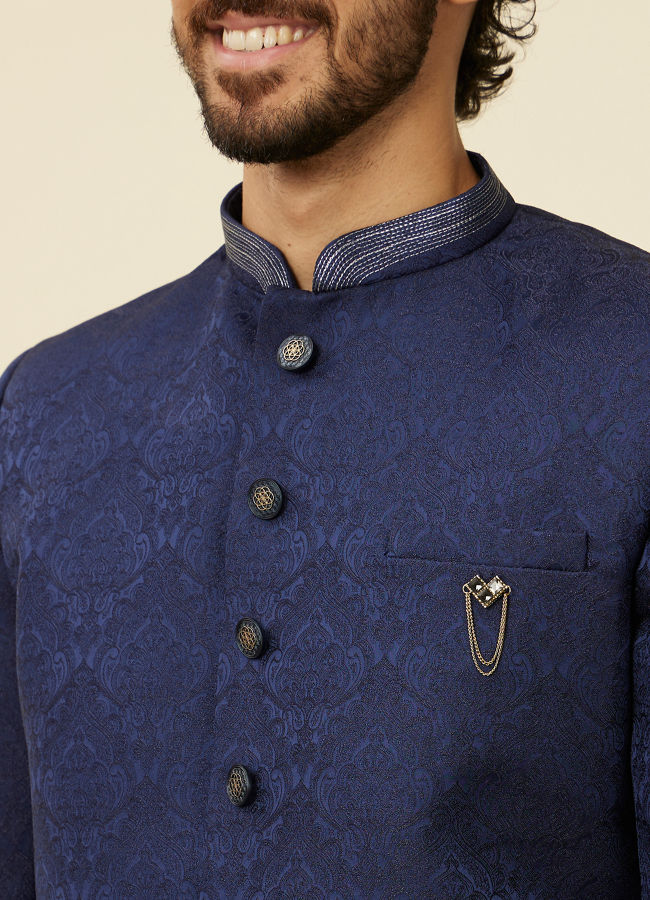 Manyavar Men Dark Blue Achkan Style Scallop Patterned Indo Western Set