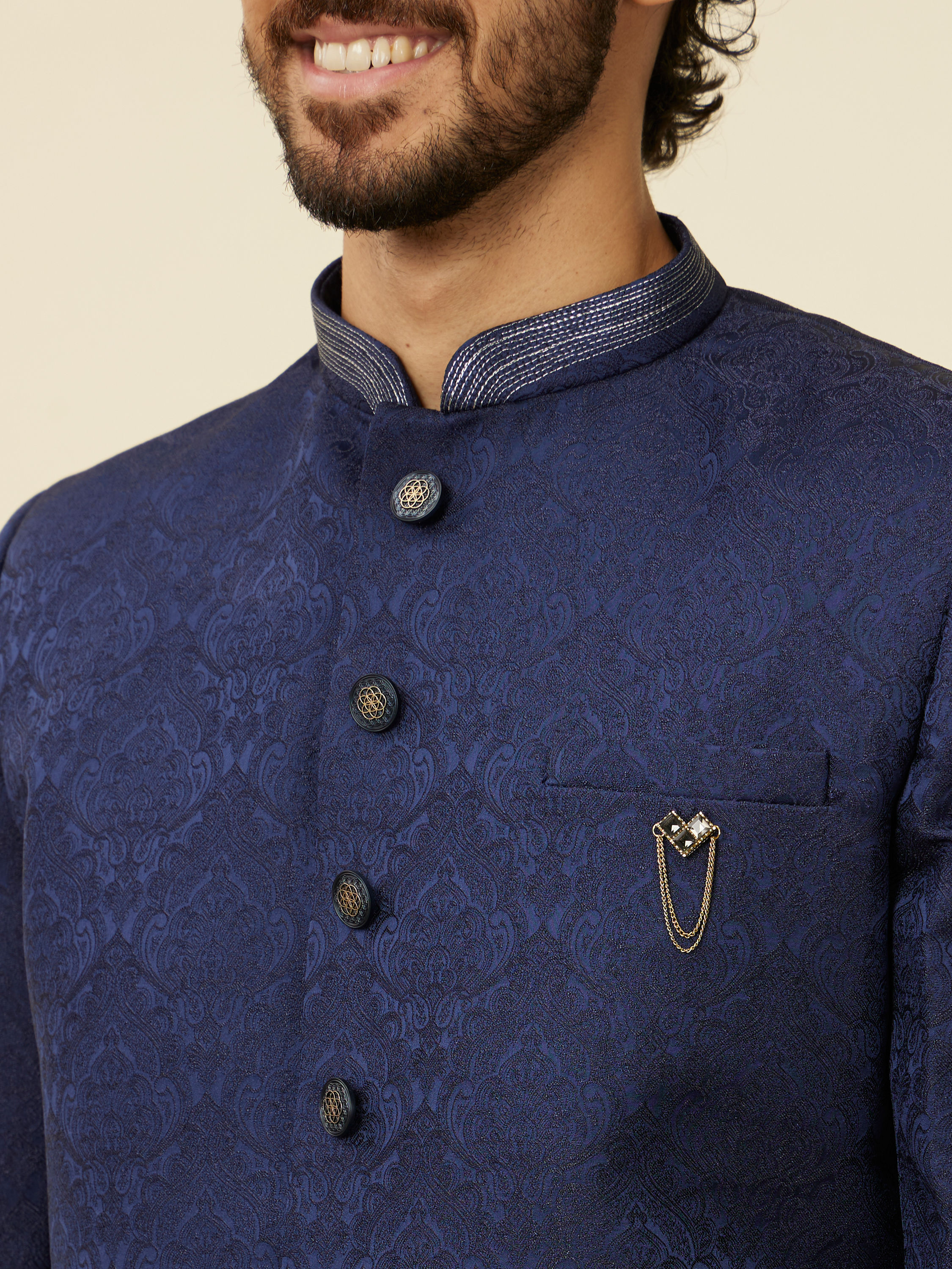 Manyavar Men Dark Blue Achkan Style Scallop Patterned Indo Western Set