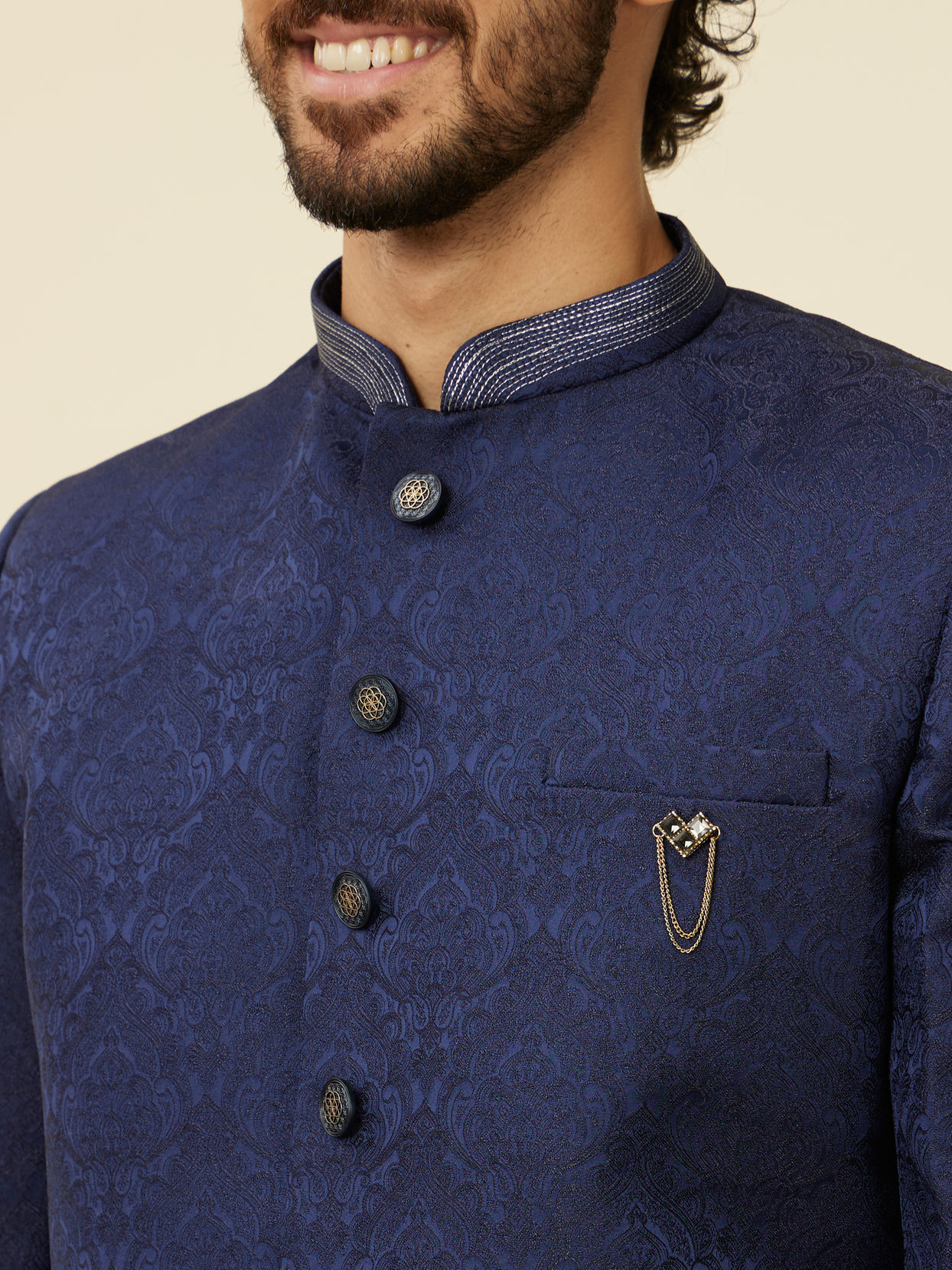 alt message - Manyavar Men Dark Blue Achkan Style Scallop Patterned Indo Western Set image number 1